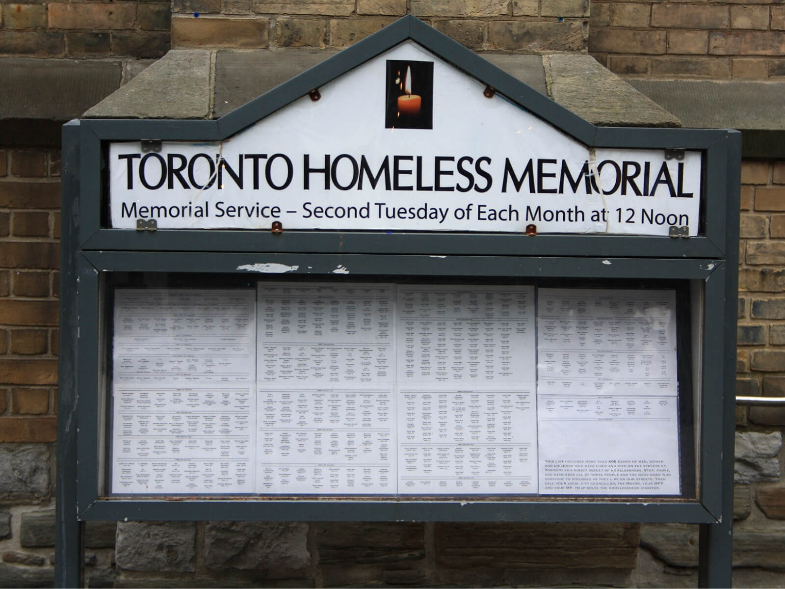 The names on the Toronto Homeless Memorial